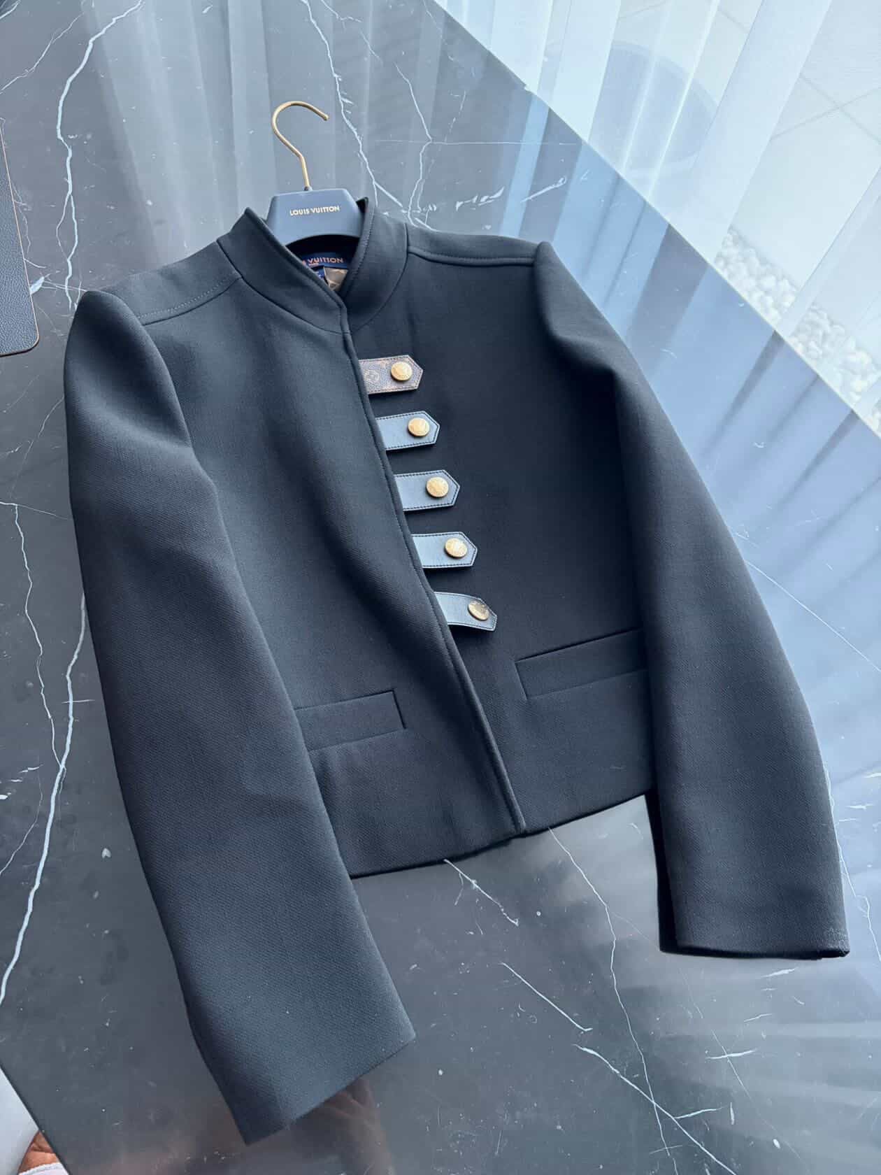Louis Vuitton Officer Jacket in Black Wool & Silk – Iconic Monogram Lining – Size FR 40 Full Set/ Luxury Brands Malta