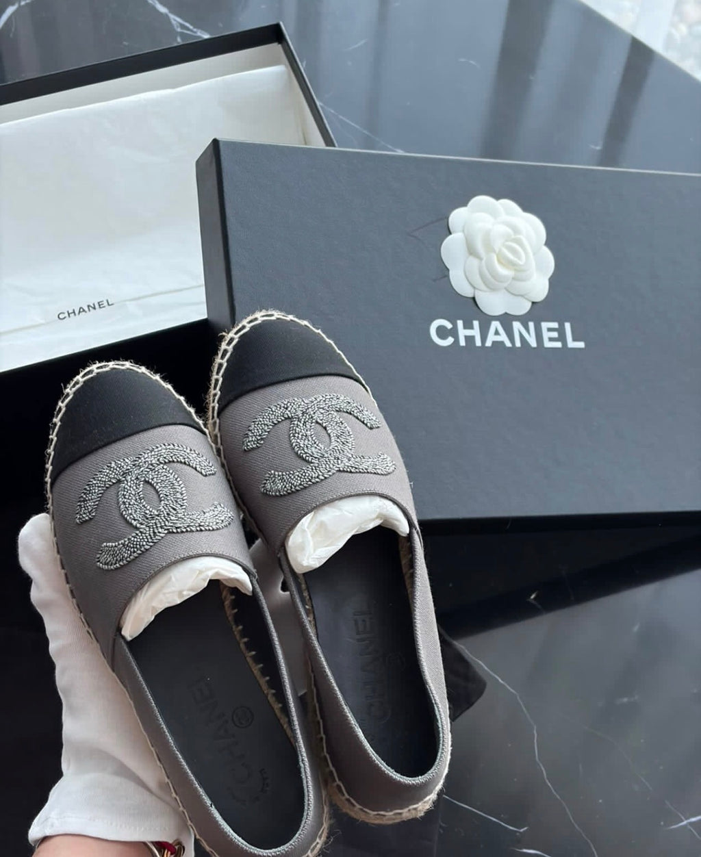 Authentic CHANEL Grey Black CC Espadrilles Size 37 Full Set Rare Model