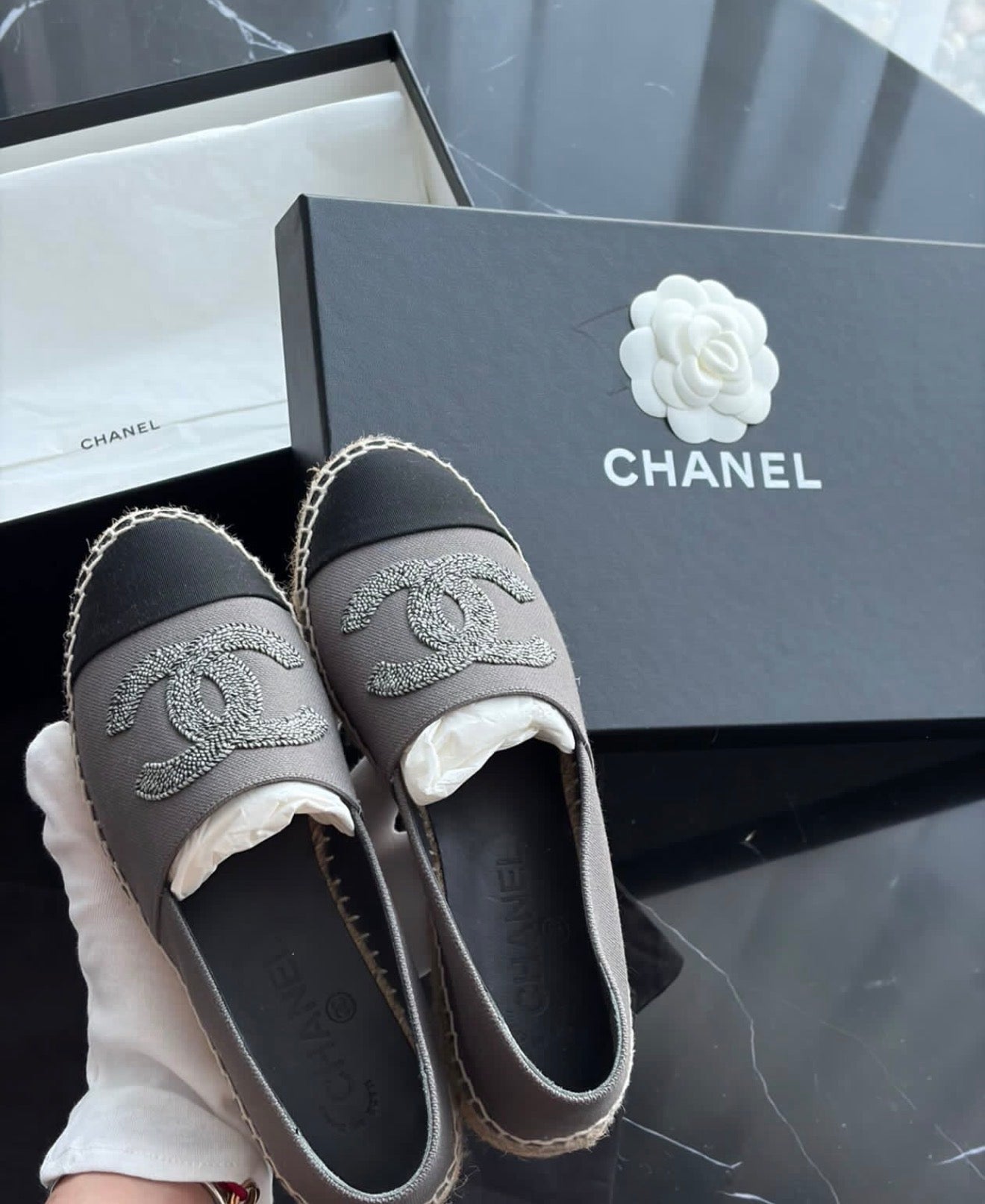 Authentic CHANEL Grey Black CC Espadrilles Size 37 Full Set Rare Model