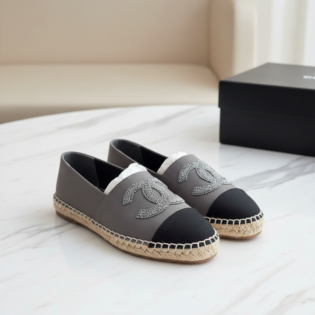 Authentic CHANEL Grey Black CC Espadrilles Size 37 Full Set Rare Model