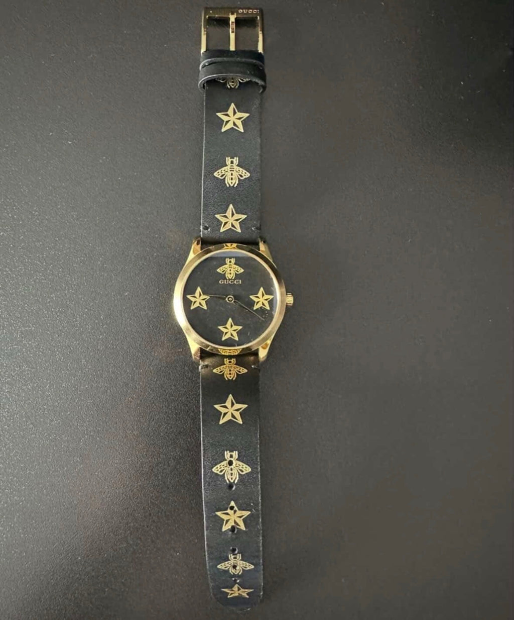 Gucci G-Timeless Bee & Star Motif Women’s Watch – Gold Tone & Black Leather