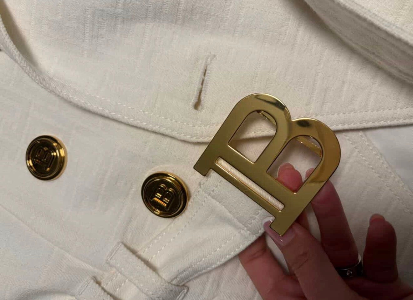 Balmain Double-Breasted Belted Blazer - White Monogram Jacquard (Size 34)/ Luxury Brands Malta/ Pre Owned