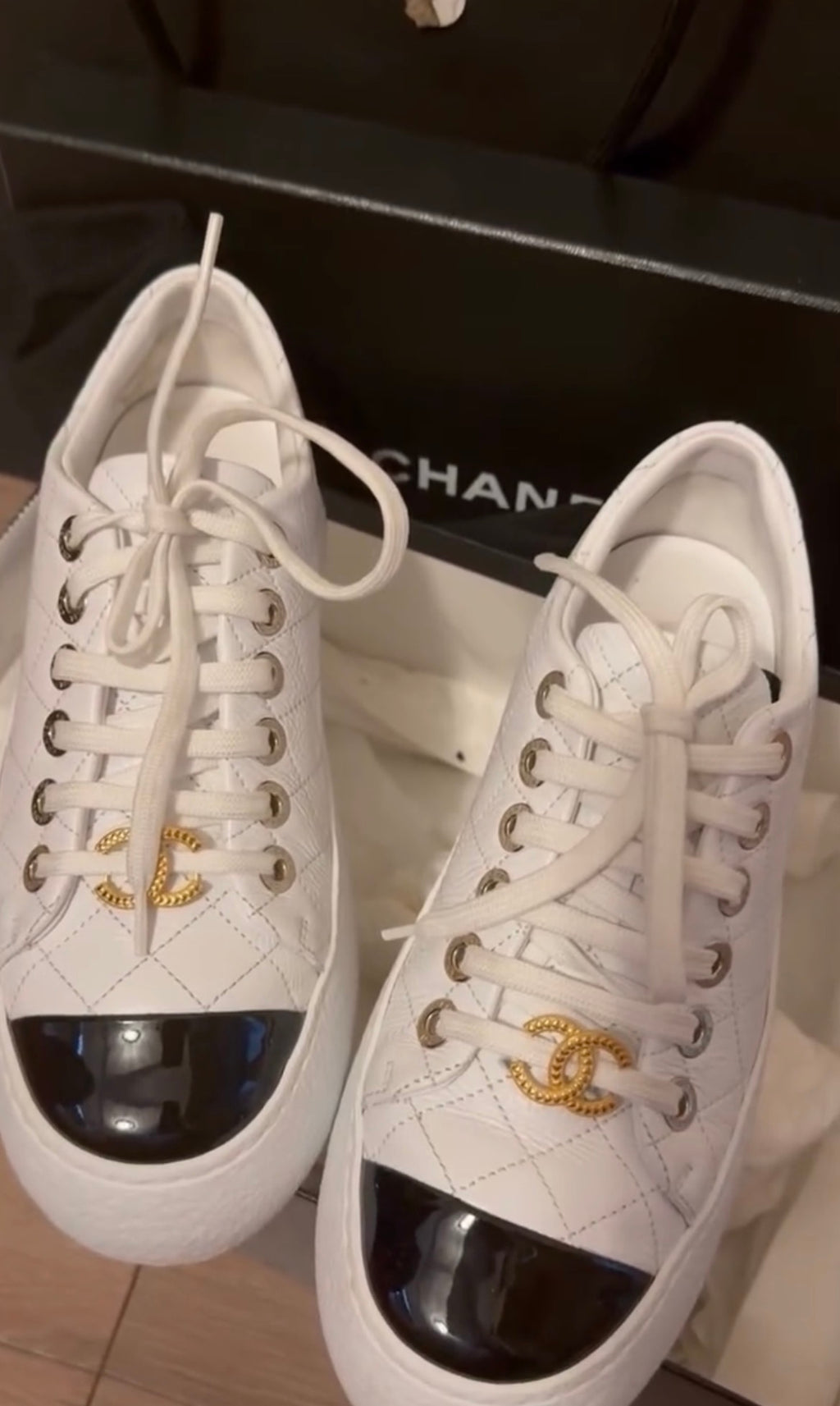 Chanel Quilted Calfskin Sneakers with Gold CC Charms – Size 37.5 (Pristine)