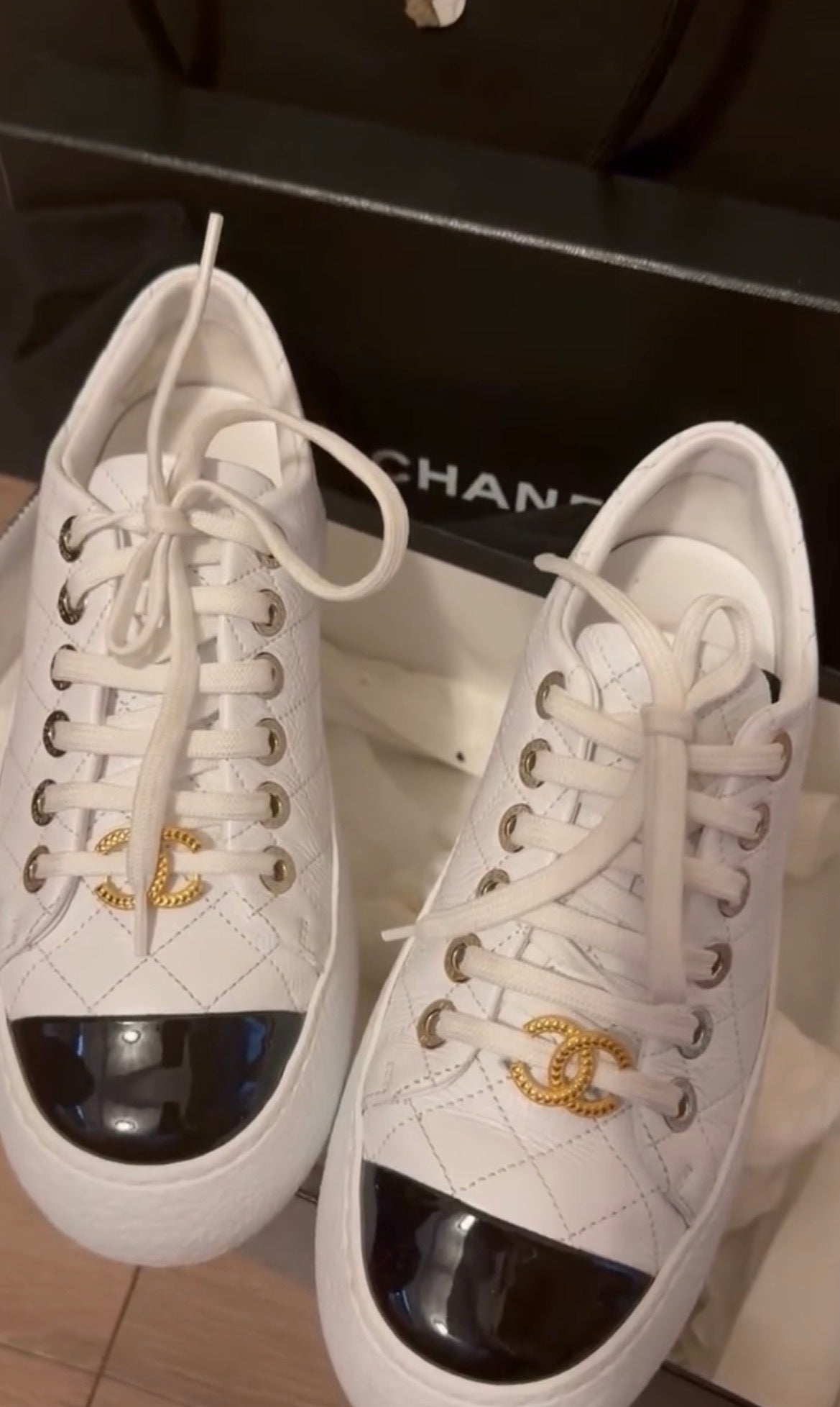Chanel Quilted Calfskin Sneakers with Gold CC Charms – Size 37.5 (Pristine)
