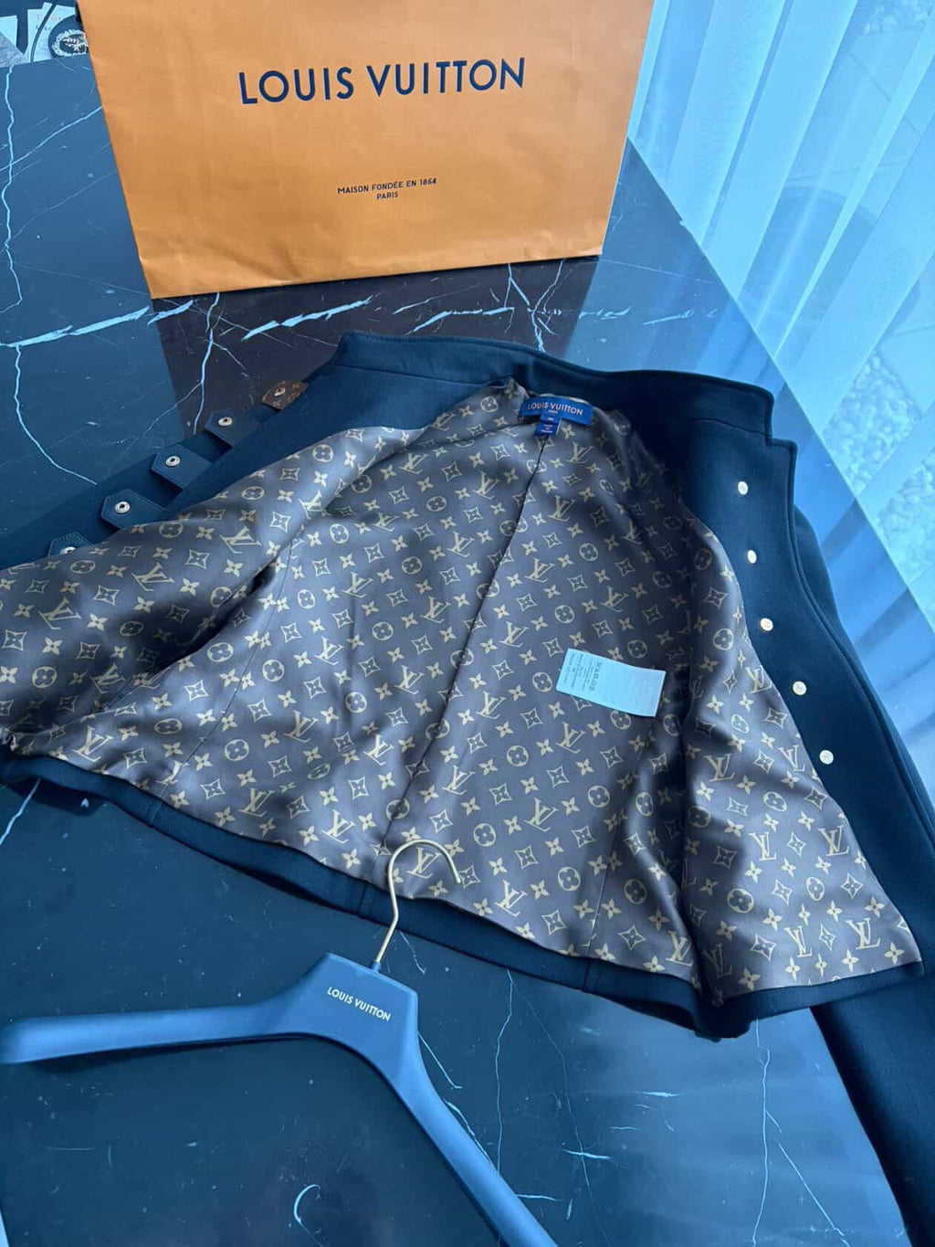 Louis Vuitton Officer Jacket in Black Wool & Silk – Iconic Monogram Lining – Size FR 40 Full Set/ Luxury Brands Malta