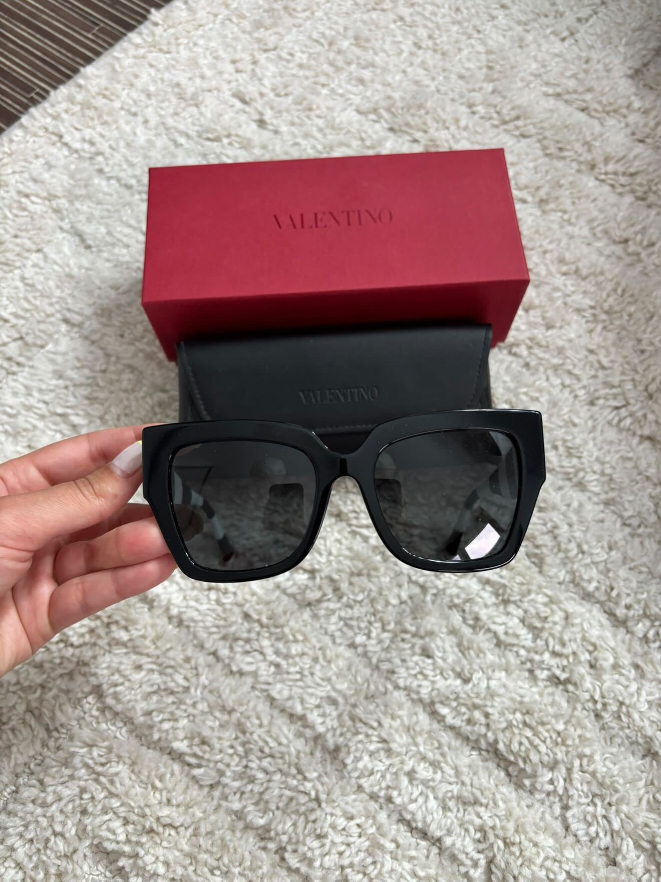 Valentino Oversized Square Sunglasses with Black and White Striped V-Logo Temples
