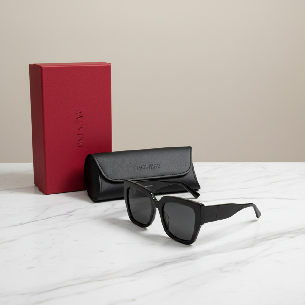 Valentino Oversized Square Sunglasses with Black and White Striped V-Logo Temples