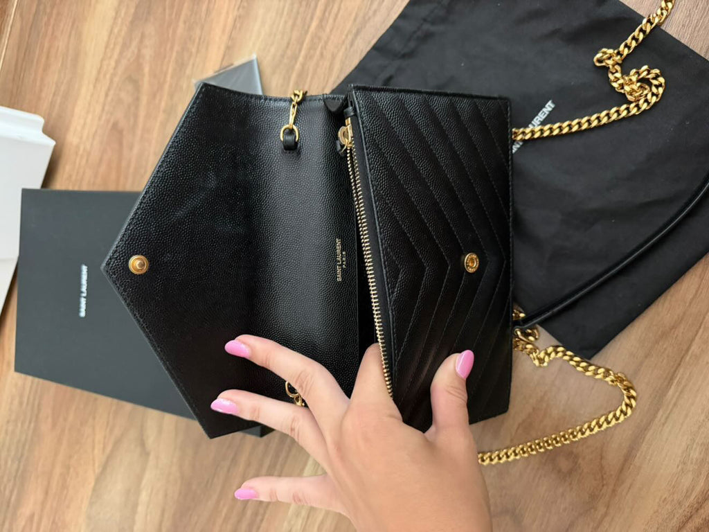 Saint Laurent YSL Monogram Envelope Chain Wallet in Black Grain de Poudre Leather – Gold Hardware