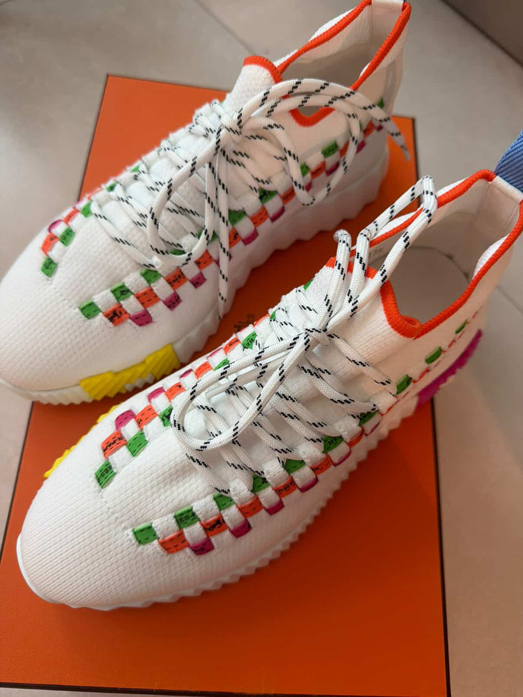 Hermès Bouncing Sneakers – White Mesh & Multicolor Ribbon (Size 37.5)