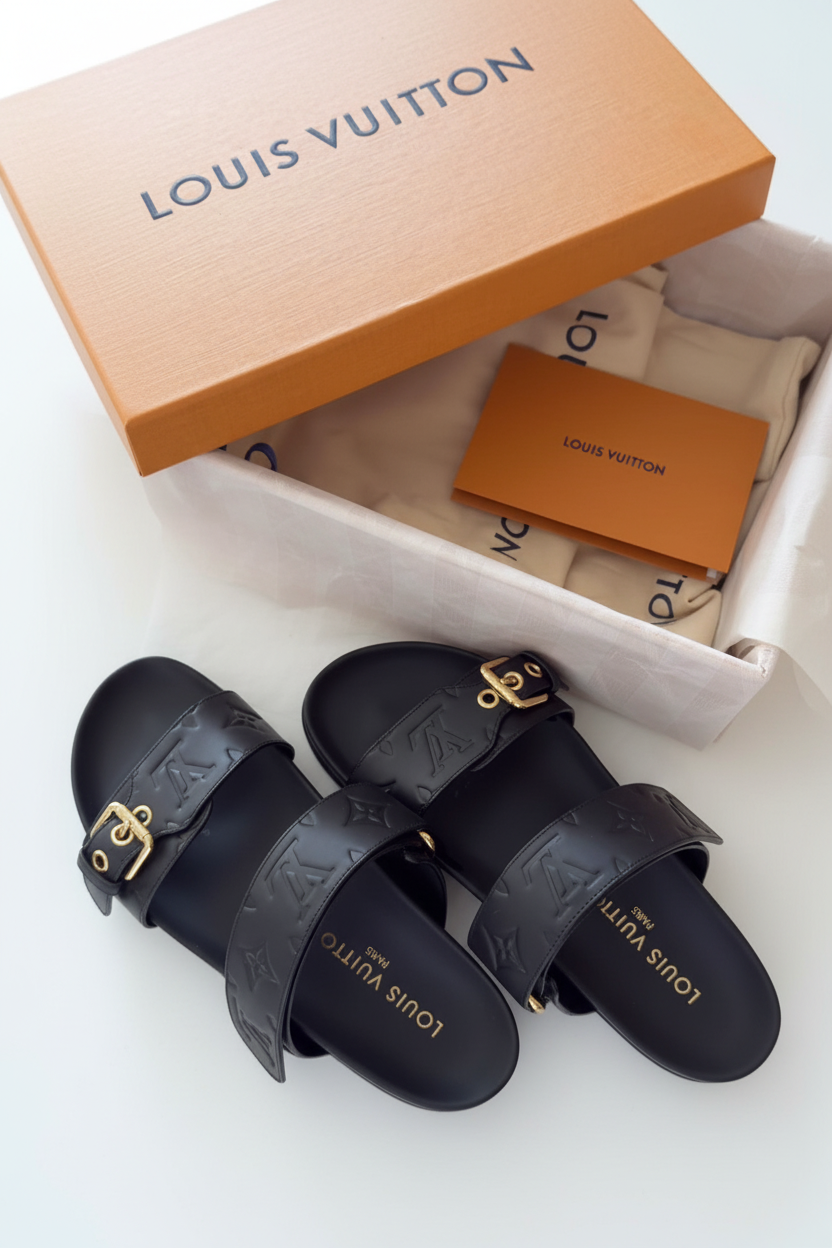 Louis Vuitton Bom Dia Flat Comfort Sandals - Black Monogram Leather