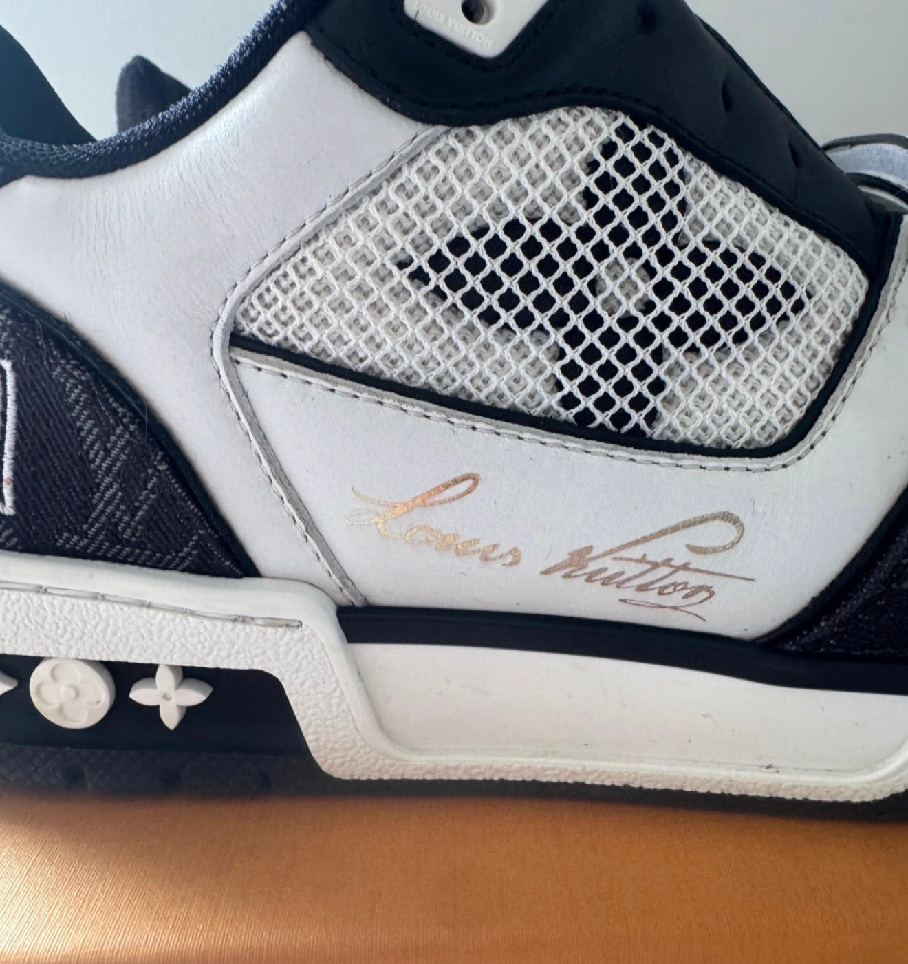 Louis Vuitton Trainer Sneakers – Black/White Monogram Denim (Size 37.5)