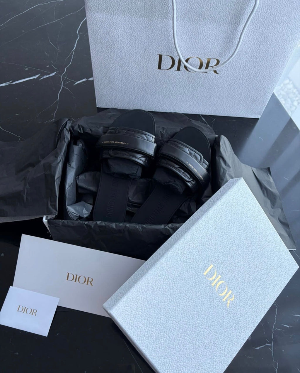 Authentic Christian Dior Diorvolution Slides Black Leather Size 37 Full Set