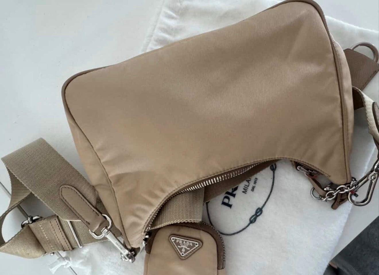 Prada Re-Edition 2005 Nylon Bag – Cammeo Beige (Full Set + Receipt)