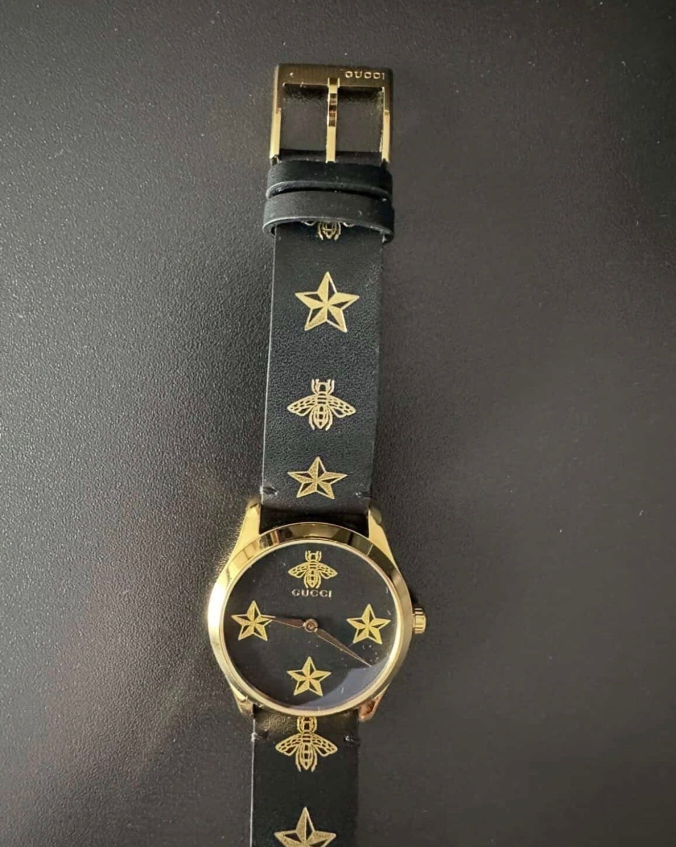 Gucci G-Timeless Bee & Star Motif Women’s Watch – Gold Tone & Black Leather