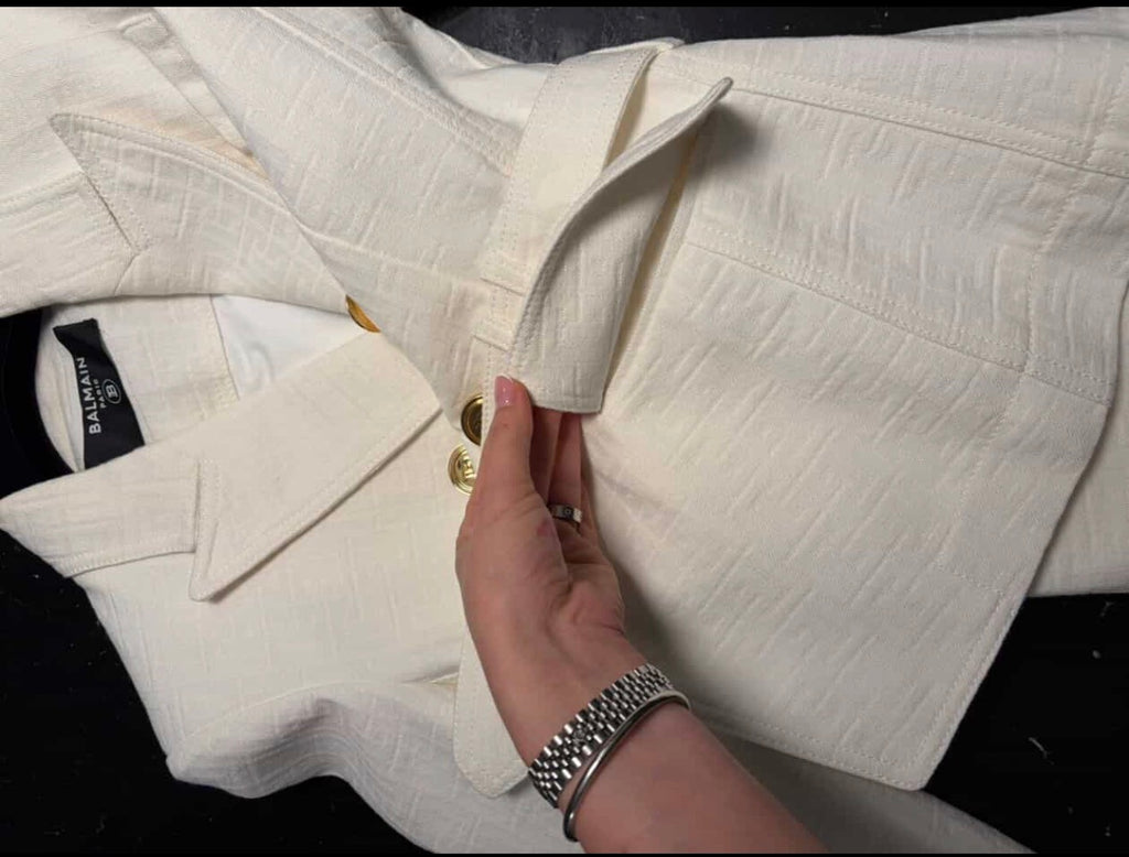 Balmain Double-Breasted Belted Blazer - White Monogram Jacquard (Size 34)/ Luxury Brands Malta/ Pre Owned