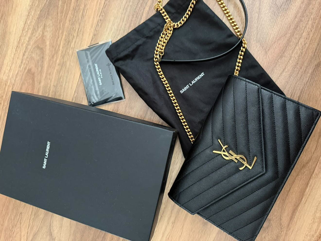 Saint Laurent YSL Monogram Envelope Chain Wallet in Black Grain de Poudre Leather – Gold Hardware