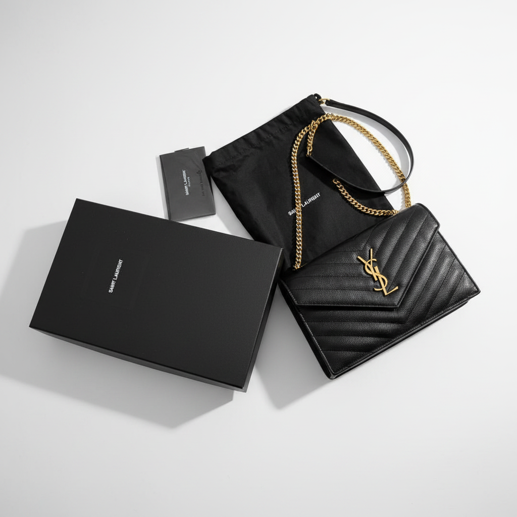 Saint Laurent YSL Monogram Envelope Chain Wallet in Black Grain de Poudre Leather – Gold Hardware
