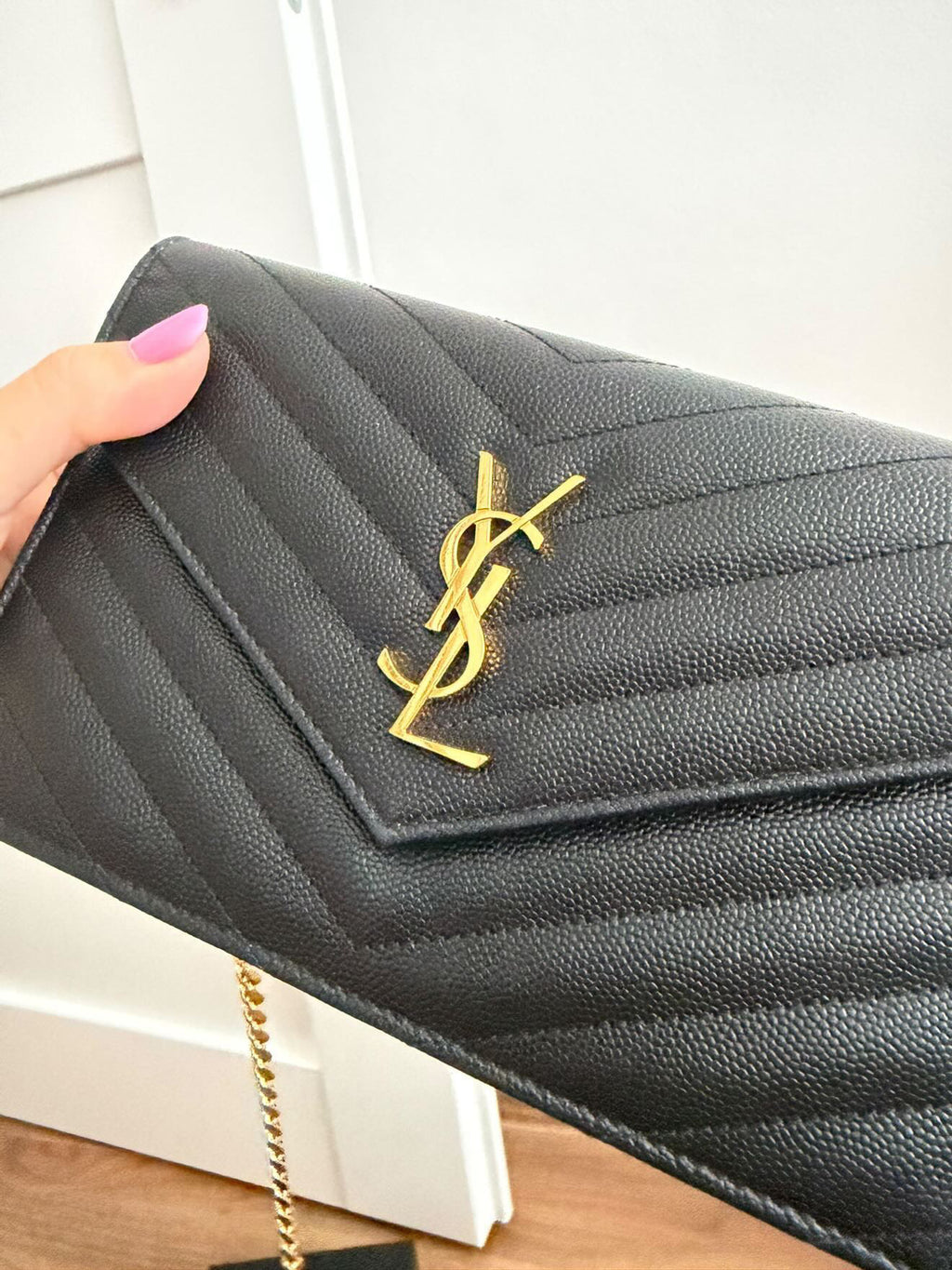 Saint Laurent YSL Monogram Envelope Chain Wallet in Black Grain de Poudre Leather – Gold Hardware