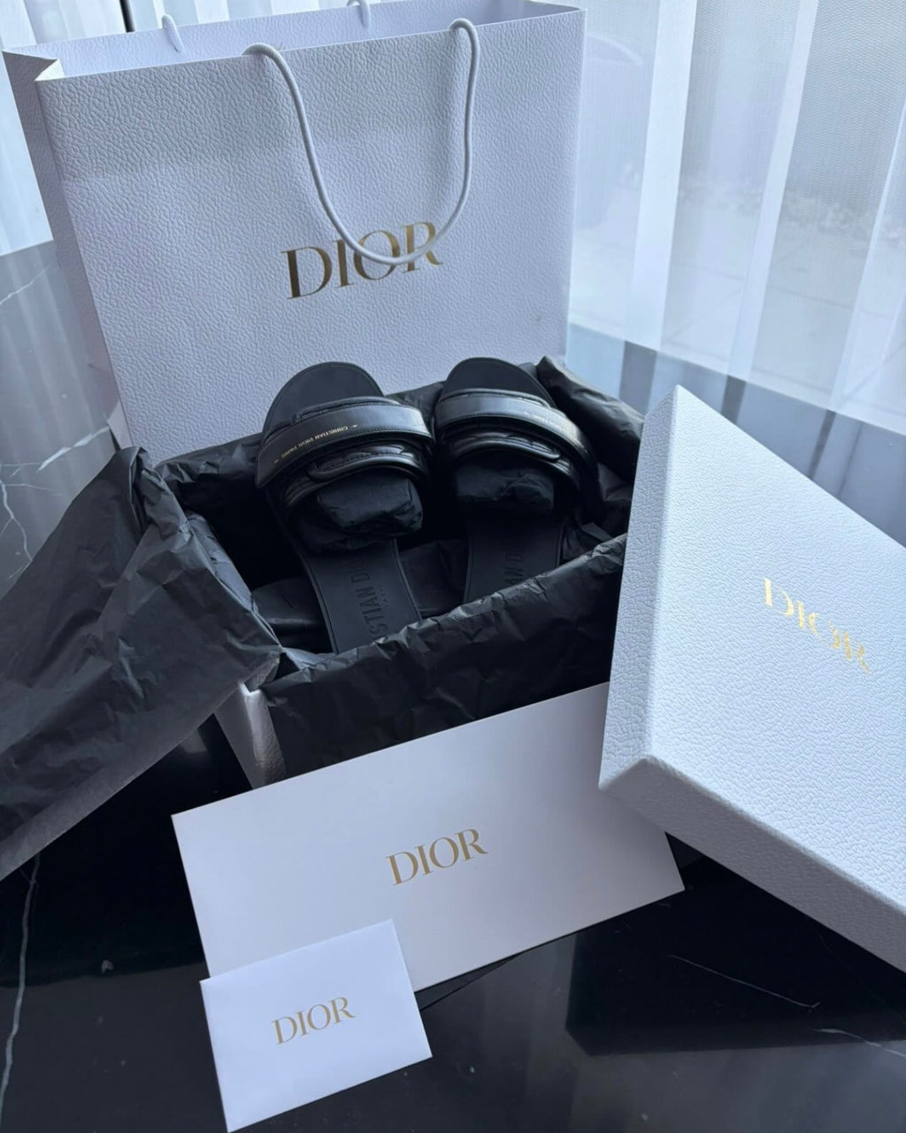 Authentic Christian Dior Diorvolution Slides Black Leather Size 37 Full Set