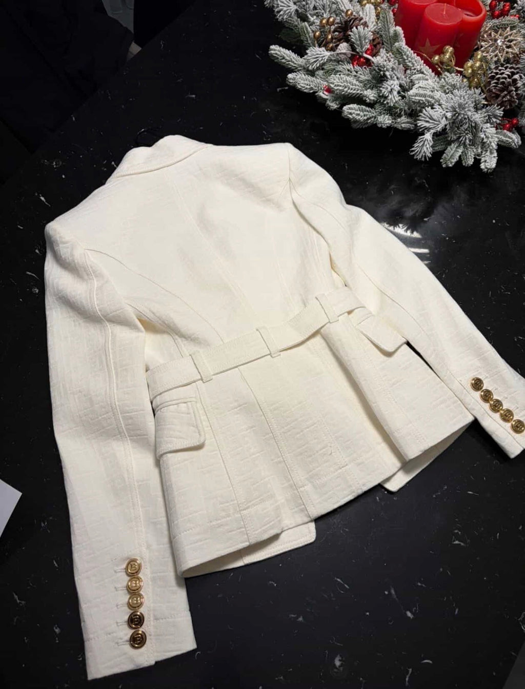 Balmain Double-Breasted Belted Blazer - White Monogram Jacquard (Size 34)/ Luxury Brands Malta/ Pre Owned