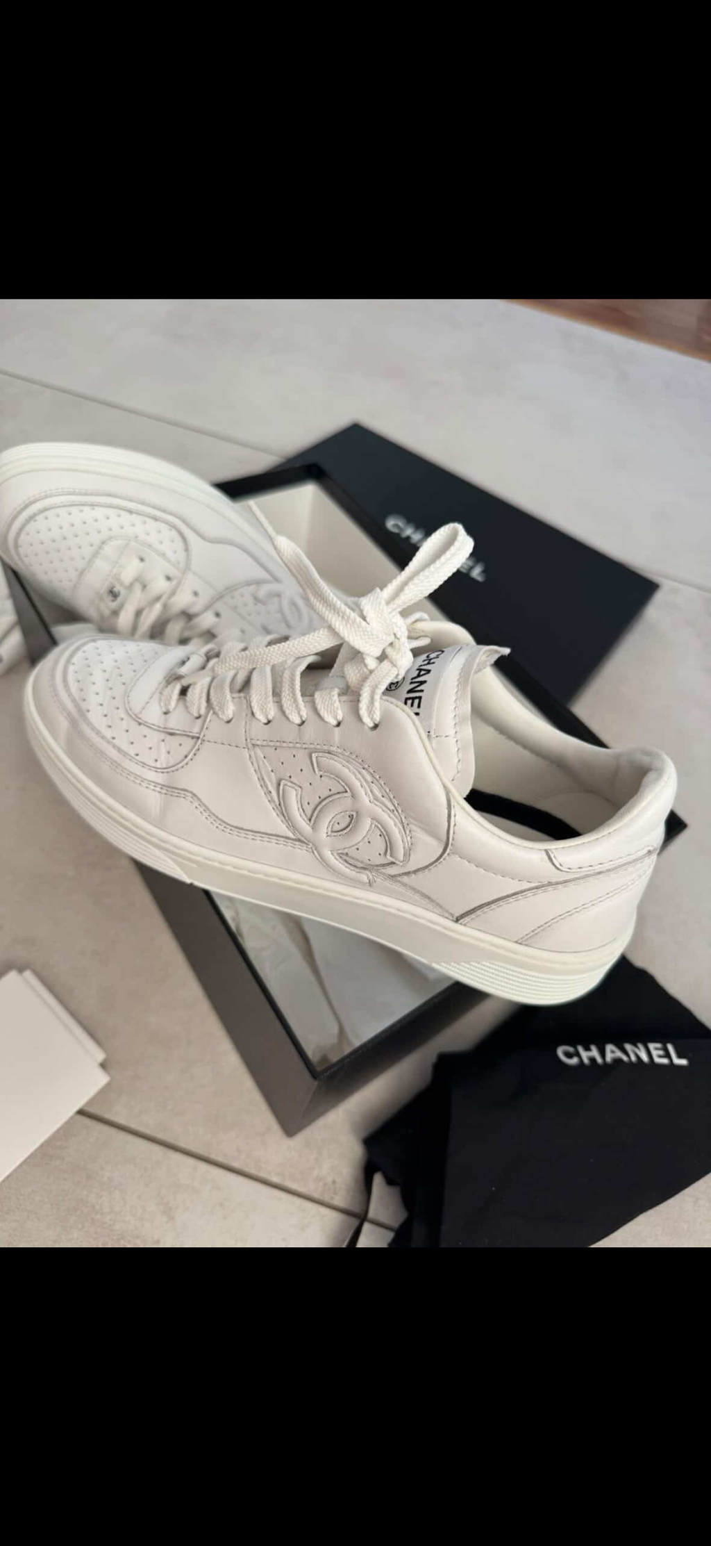 Chanel White Calfskin Perforated Low-Top Sneakers - Pristine Condition (Full Set)