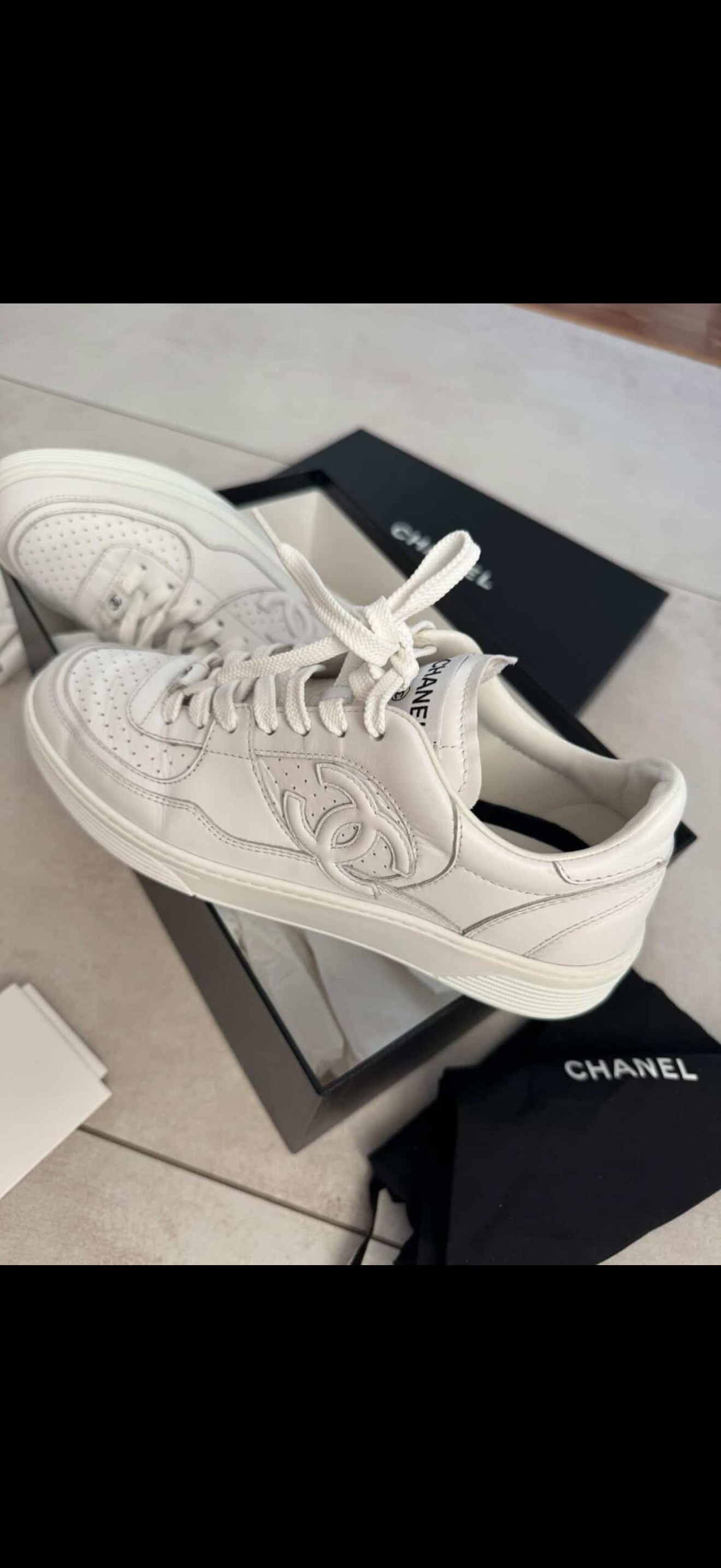 Chanel White Calfskin Perforated Low-Top Sneakers - Pristine Condition (Full Set)