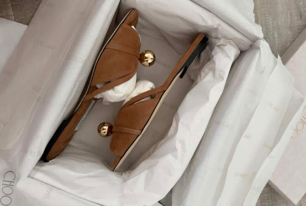 Jimmy Choo Riva Flat Suede Mules – Brand New, Full Set (Toffee)