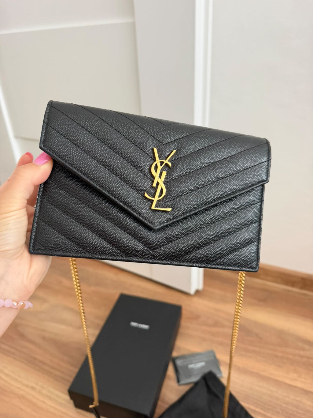 Saint Laurent YSL Monogram Envelope Chain Wallet in Black Grain de Poudre Leather – Gold Hardware