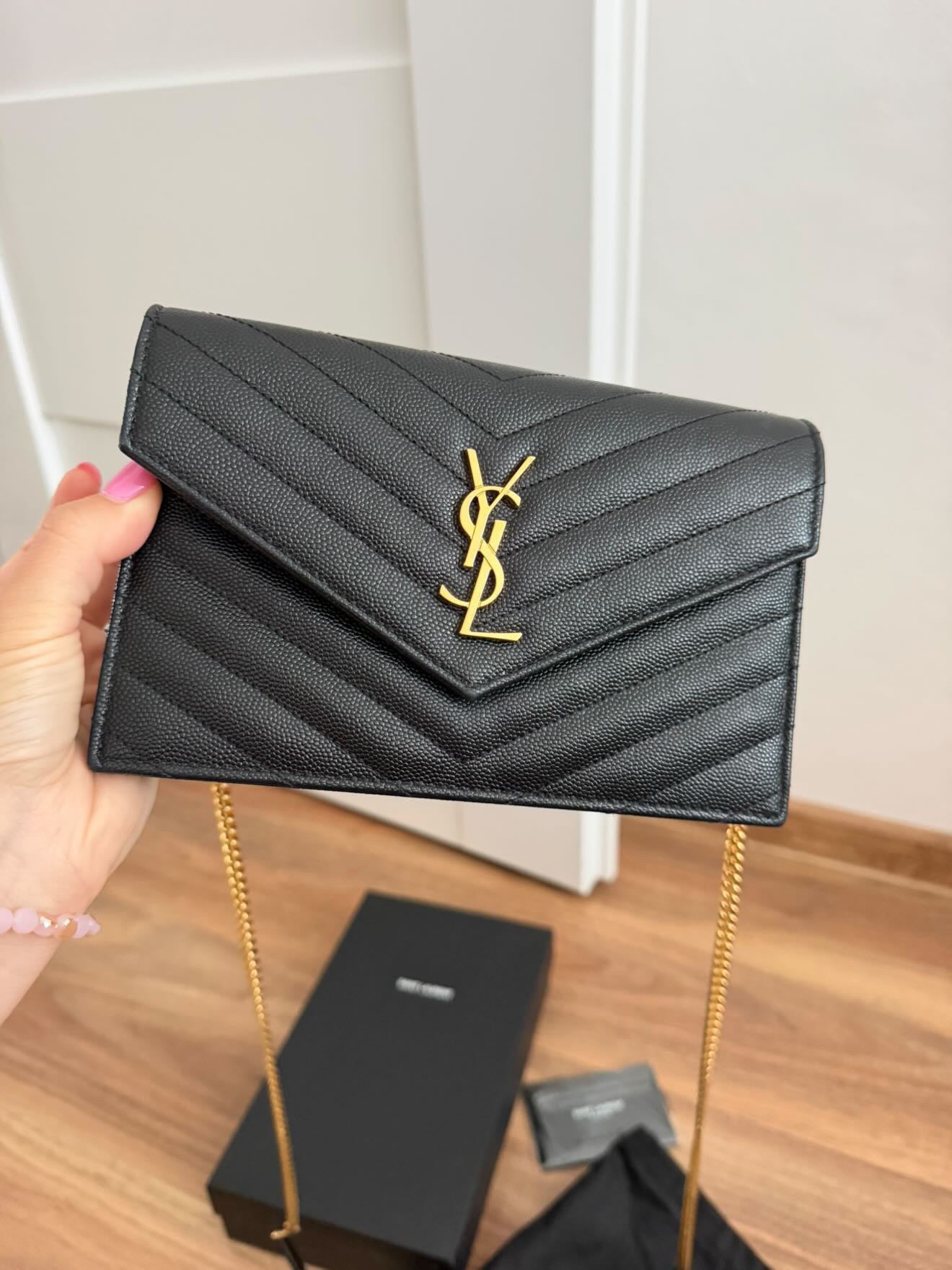 Saint Laurent YSL Monogram Envelope Chain Wallet in Black Grain de Poudre Leather – Gold Hardware