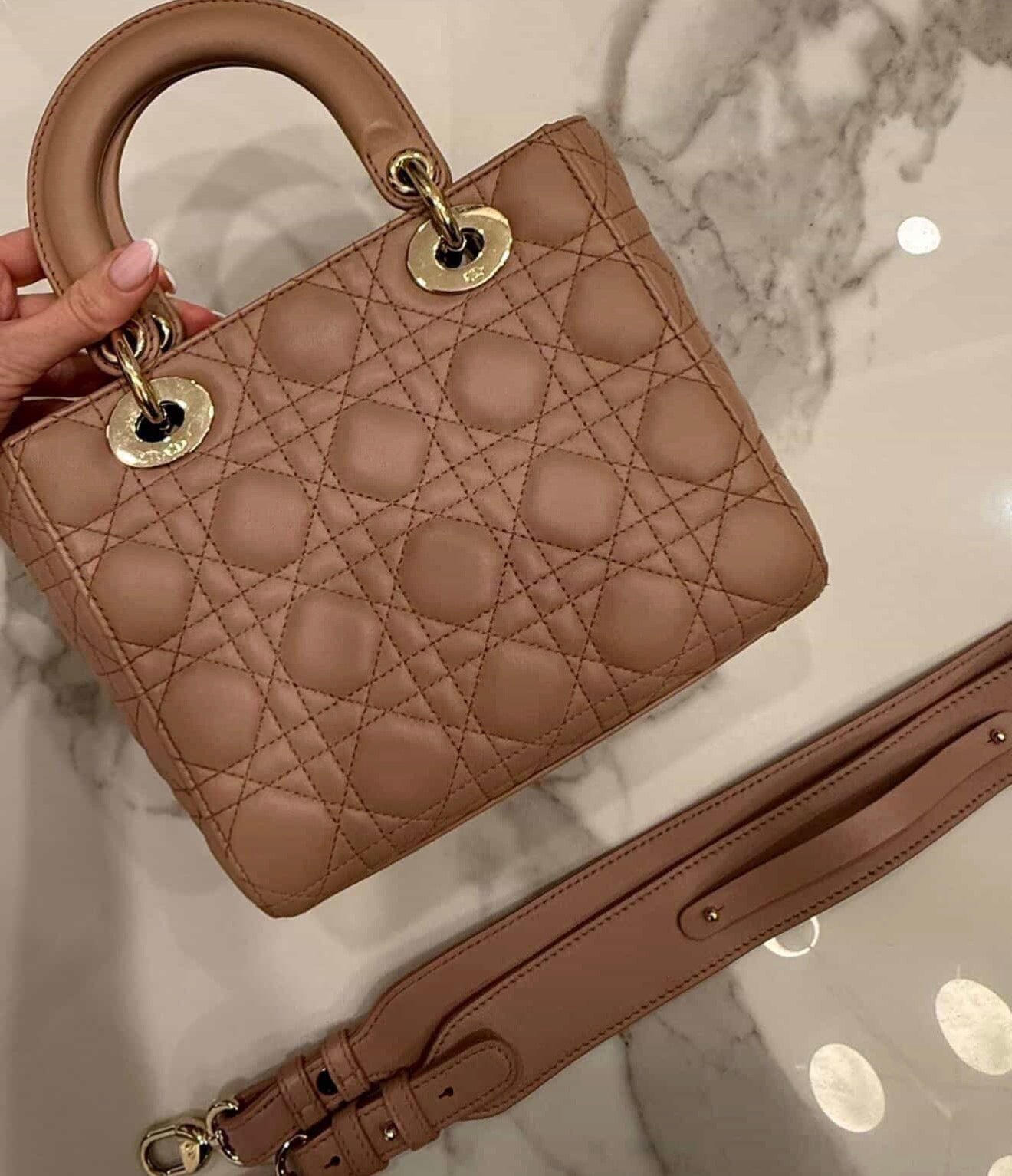 Christian Dior Small Lady Dior Bag – Nude Pink Cannage Lambskin with Strap