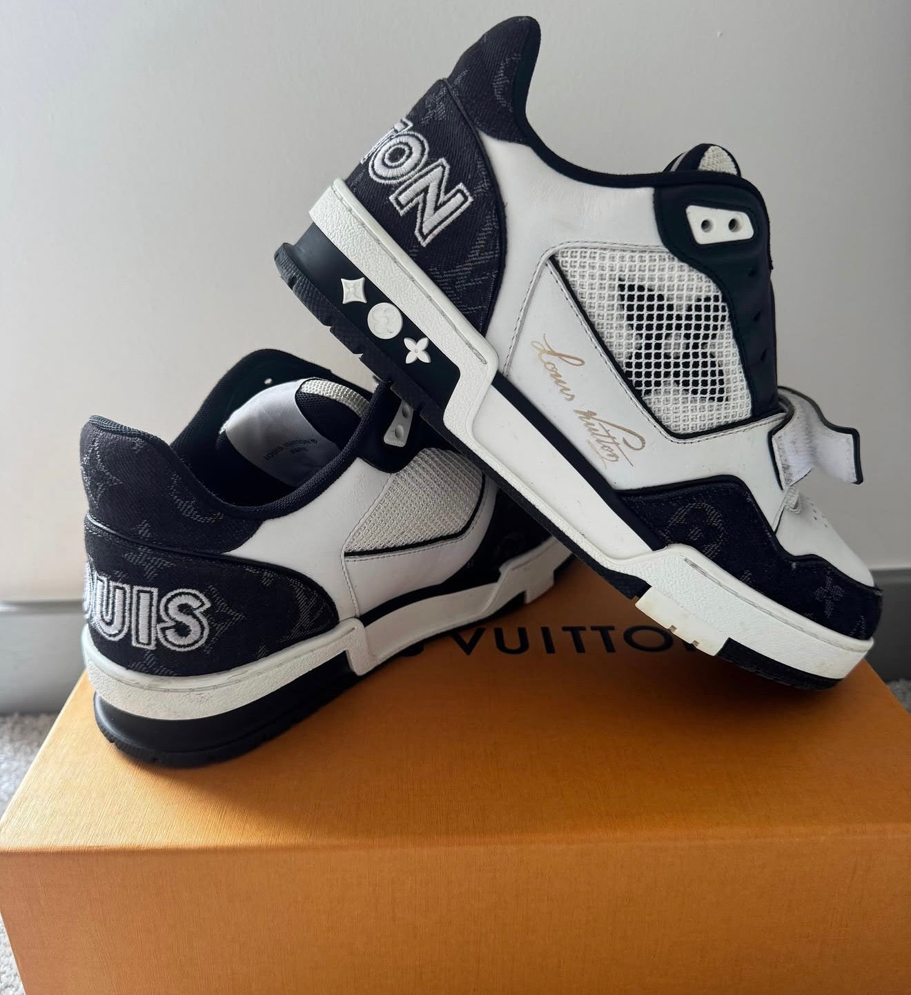 Louis Vuitton Trainer Sneakers – Black/White Monogram Denim (Size 37.5)