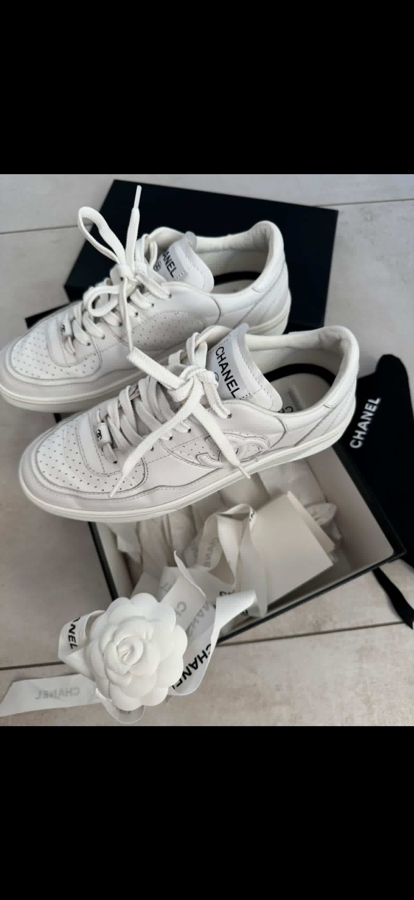 Chanel White Calfskin Perforated Low-Top Sneakers - Pristine Condition (Full Set)
