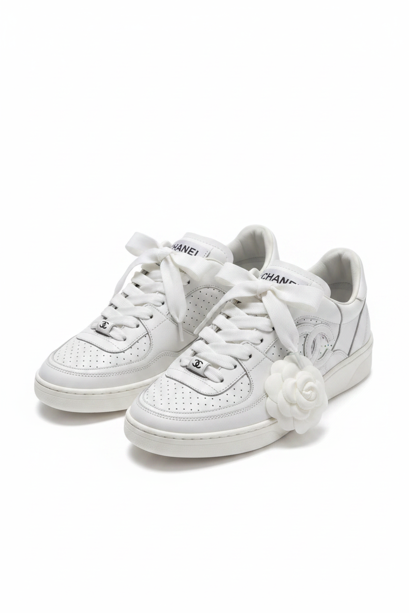 Chanel White Calfskin Perforated Low-Top Sneakers - Pristine Condition (Full Set)