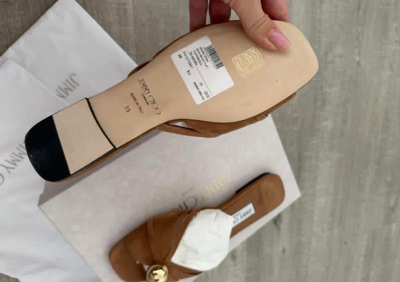 Jimmy Choo Riva Flat Suede Mules – Brand New, Full Set (Toffee)