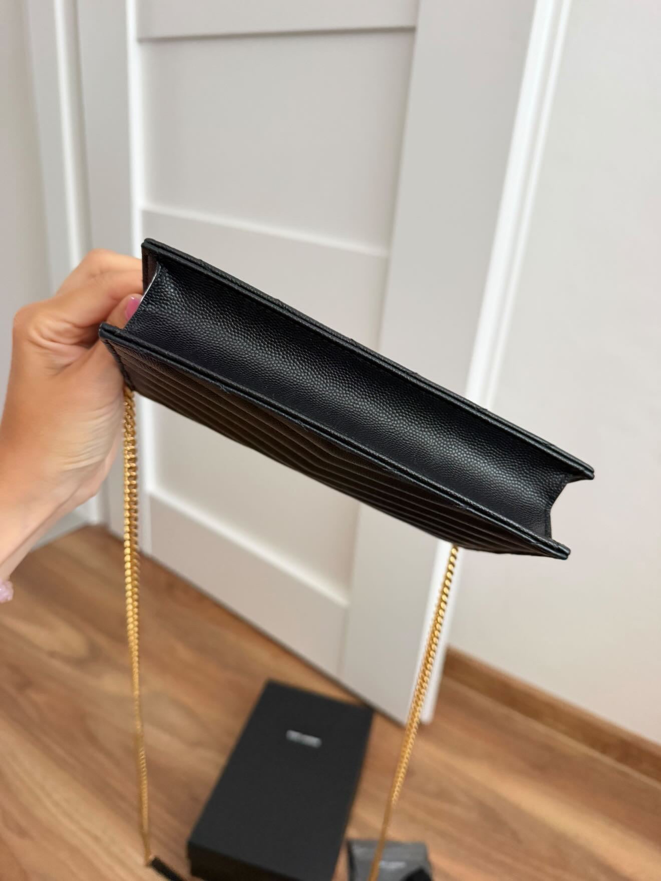 Saint Laurent YSL Monogram Envelope Chain Wallet in Black Grain de Poudre Leather – Gold Hardware