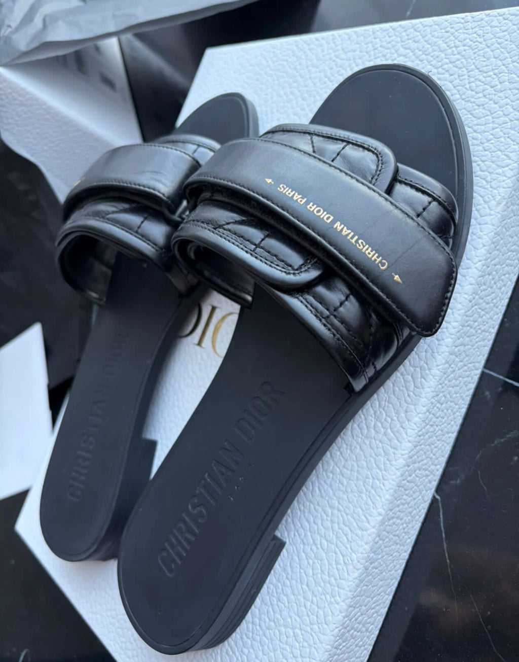 Authentic Christian Dior Diorvolution Slides Black Leather Size 37 Full Set
