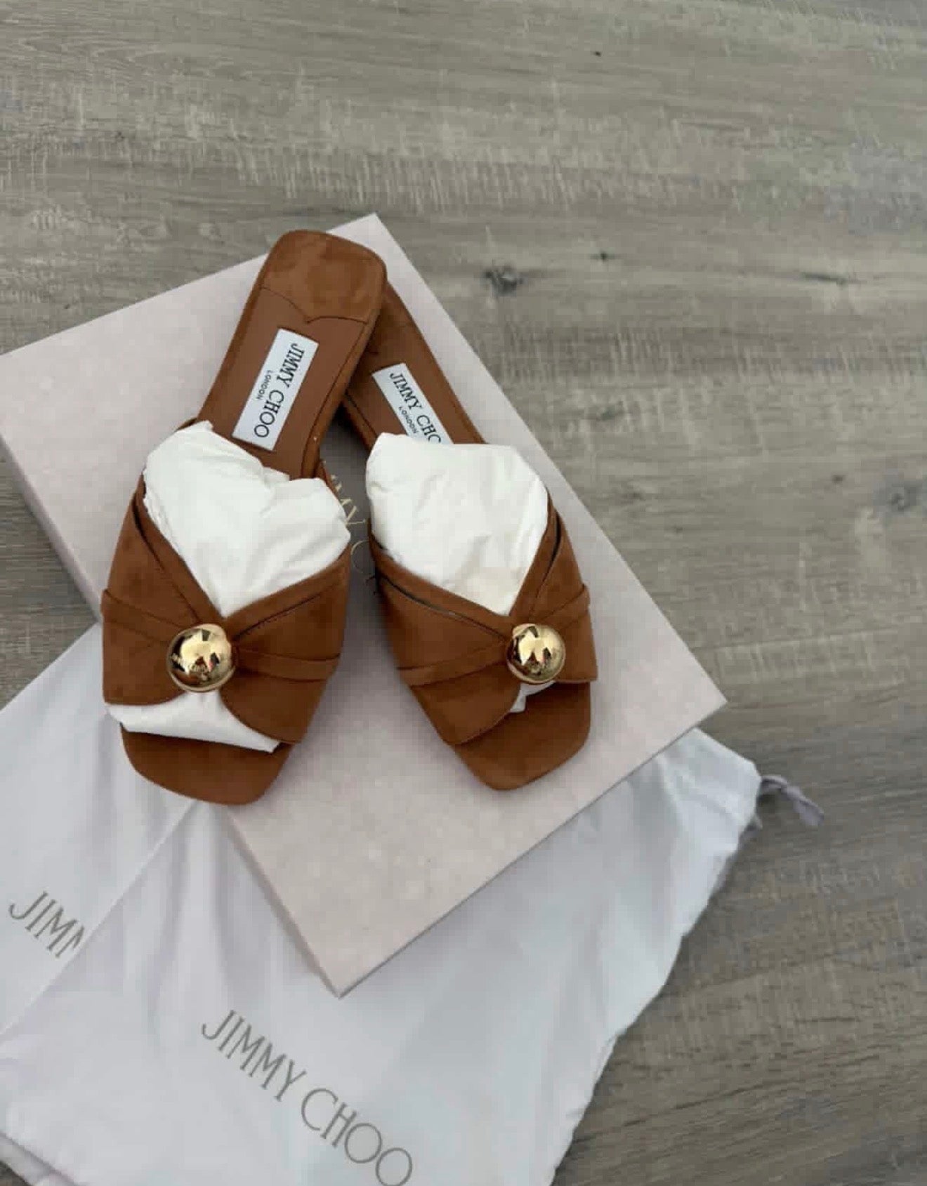 Jimmy Choo Riva Flat Suede Mules – Brand New, Full Set (Toffee)
