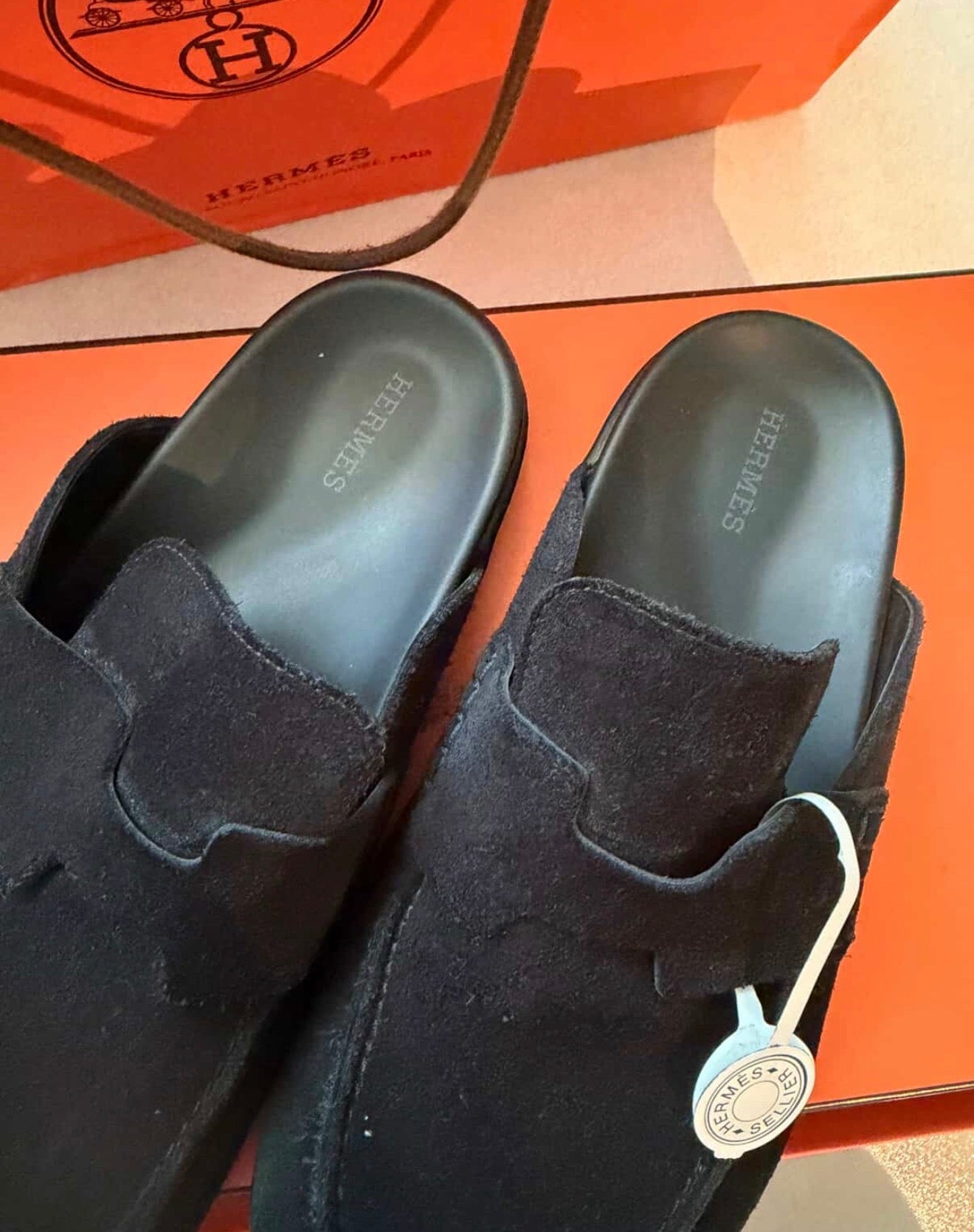 Hermès Ancora Mules in Black Suede – Size 37.5 (Full Set)