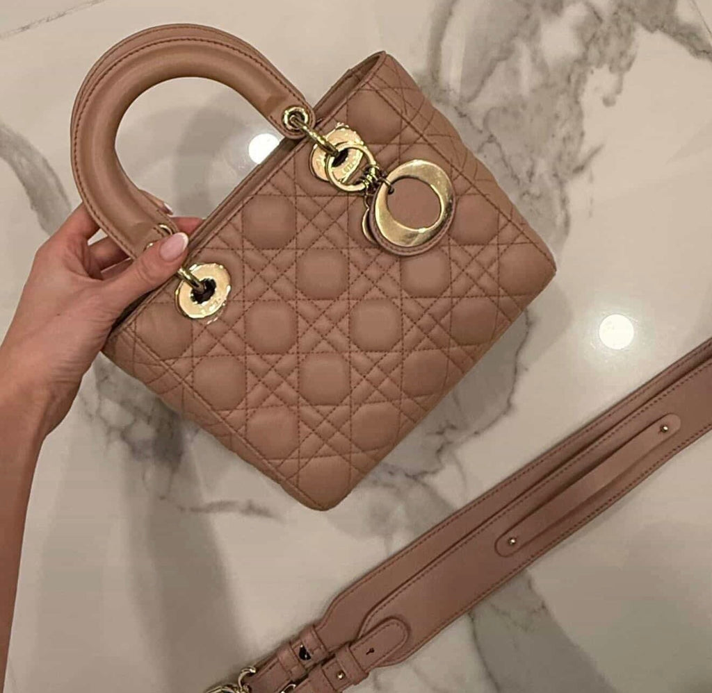 Christian Dior Small Lady Dior Bag – Nude Pink Cannage Lambskin with Strap