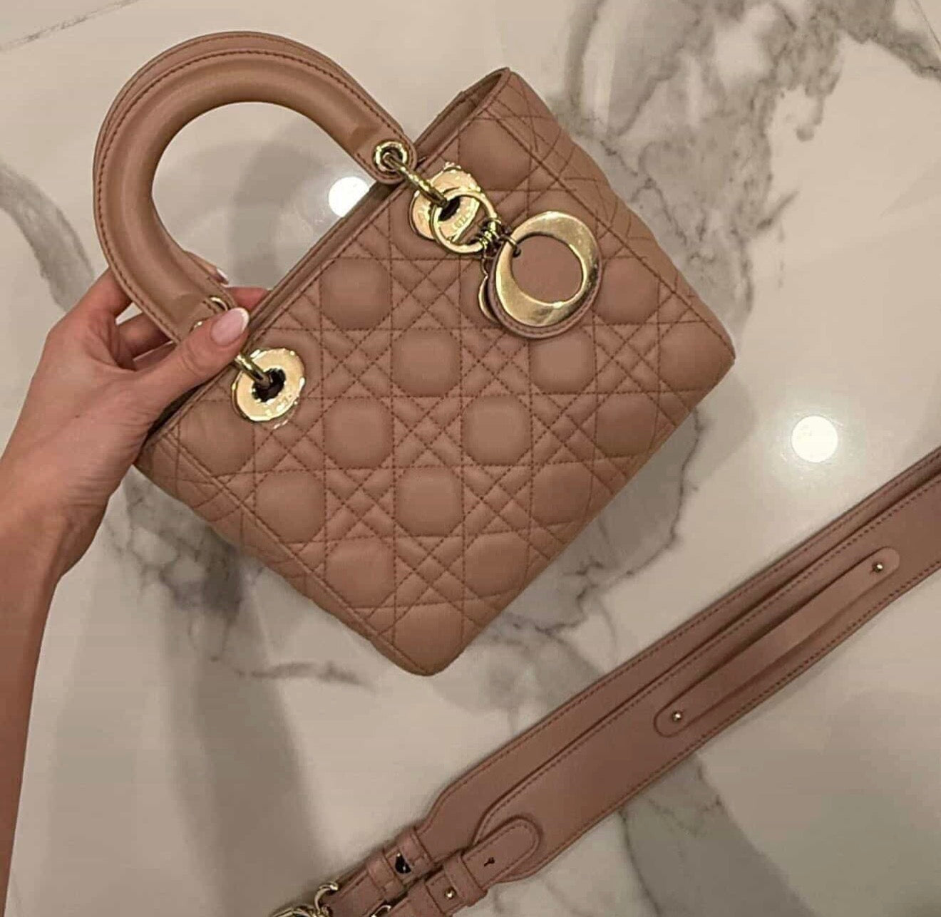 Christian Dior Small Lady Dior Bag – Nude Pink Cannage Lambskin with Strap