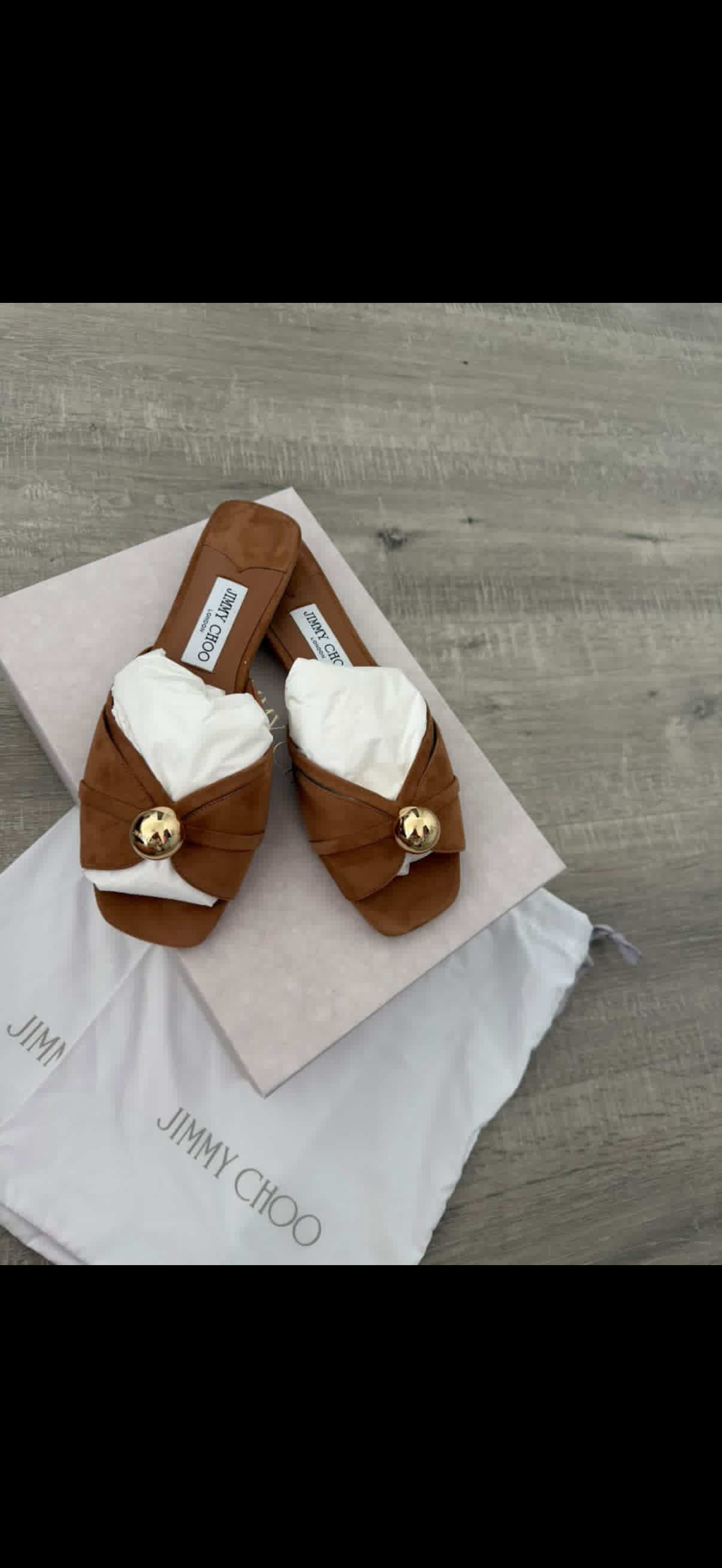 Jimmy Choo Riva Flat Suede Mules – Brand New, Full Set (Toffee)