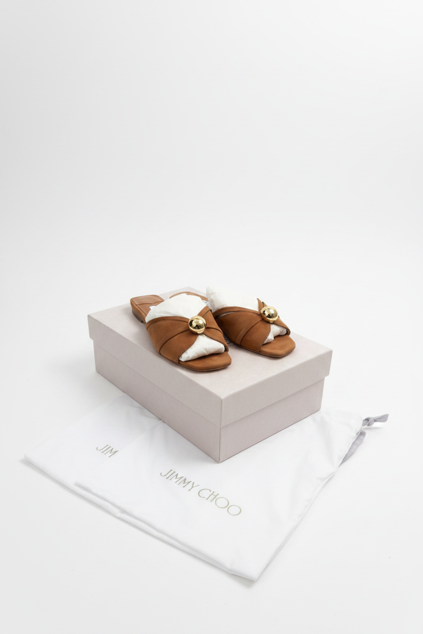 Jimmy Choo Riva Flat Suede Mules – Brand New, Full Set (Toffee)
