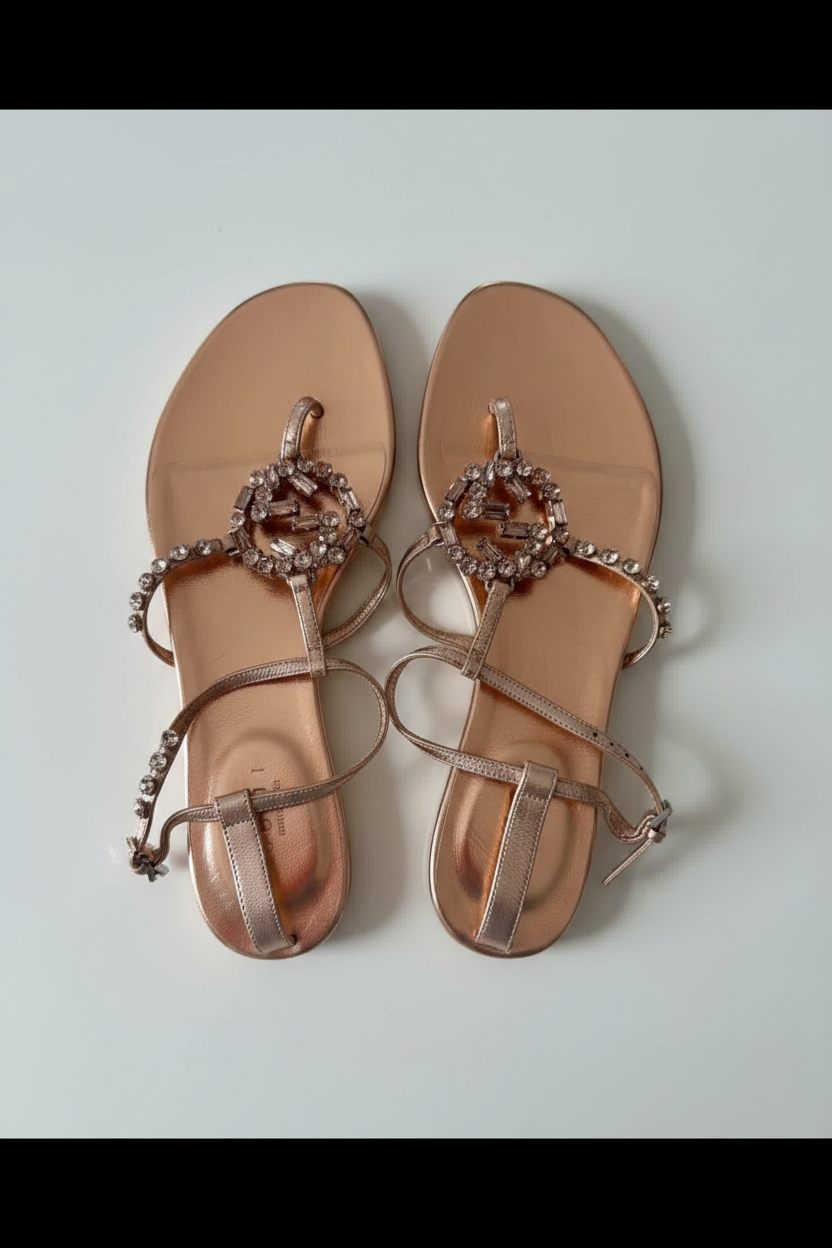 Authentic Gucci Crystal Metallic Leather Sandals Size 38 | New
