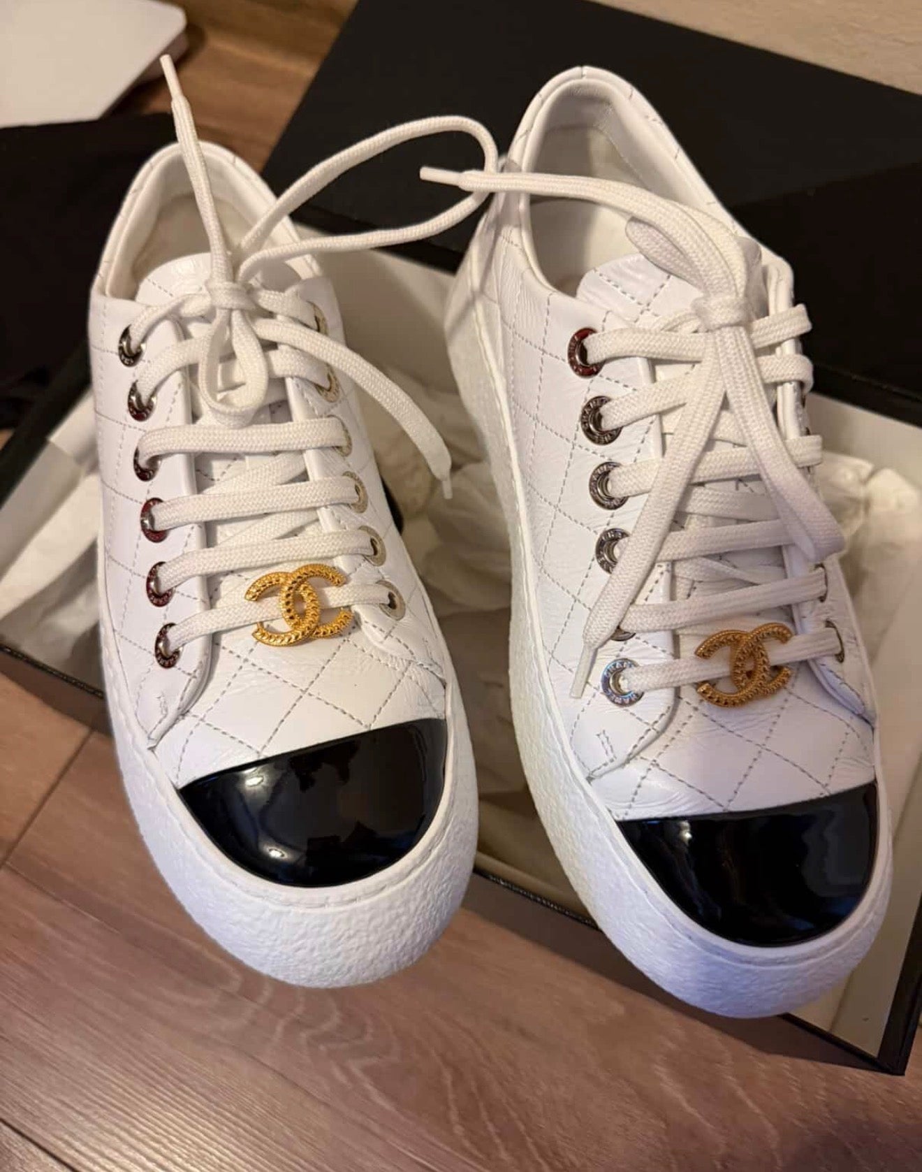 Chanel Quilted Calfskin Sneakers with Gold CC Charms – Size 37.5 (Pristine)