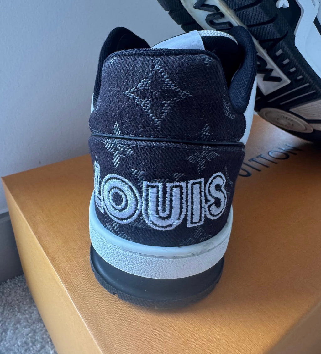 Louis Vuitton Trainer Sneakers – Black/White Monogram Denim (Size 37.5)