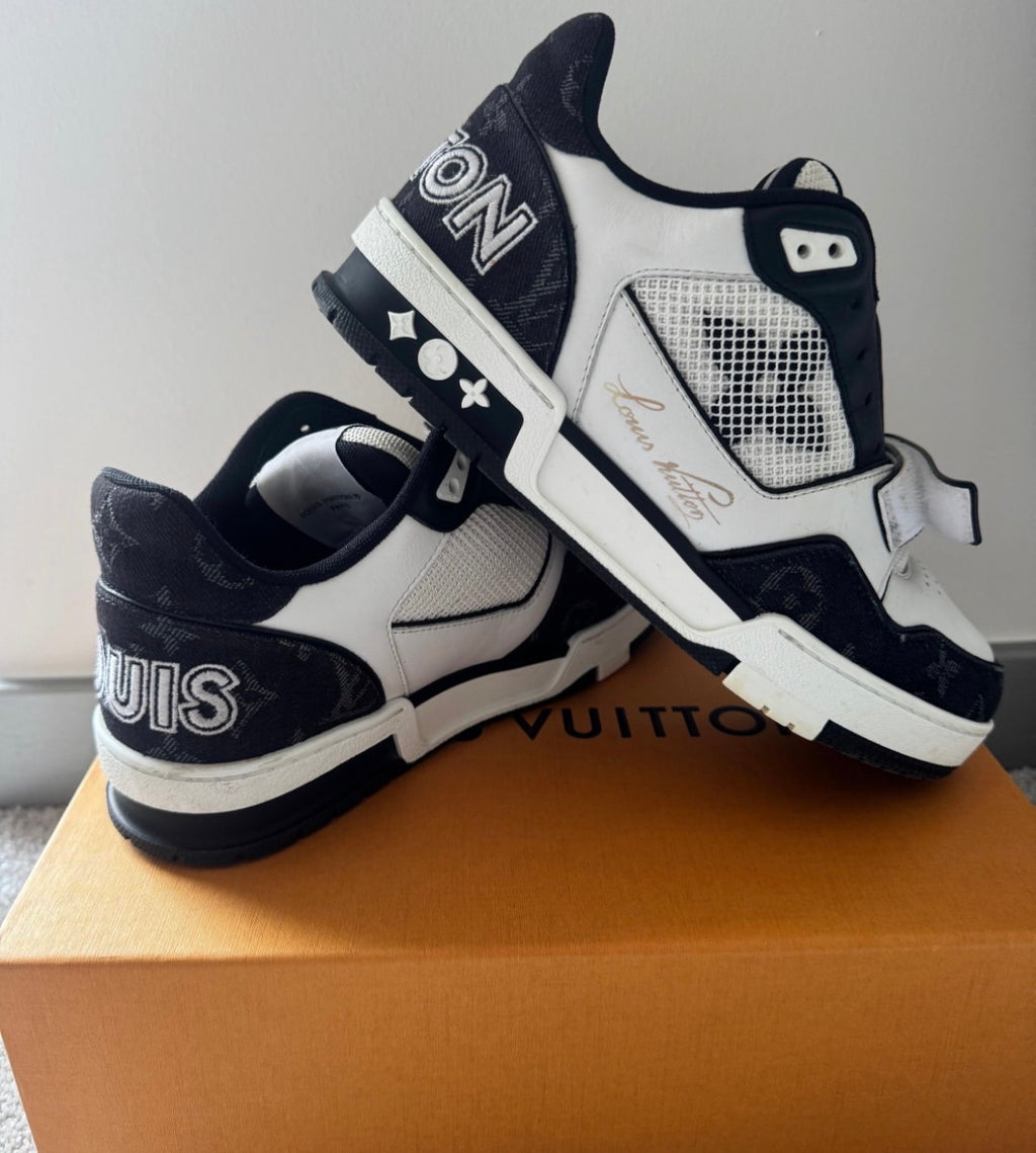 Louis Vuitton Trainer Sneakers – Black/White Monogram Denim (Size 37.5)