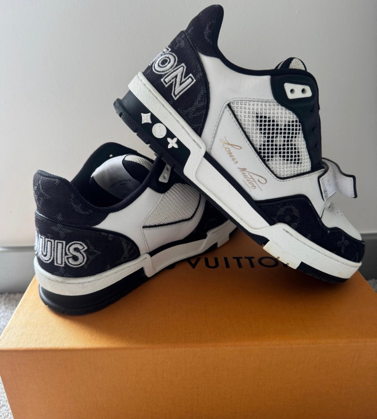 Louis Vuitton Trainer Sneakers – Black/White Monogram Denim (Size 37.5)