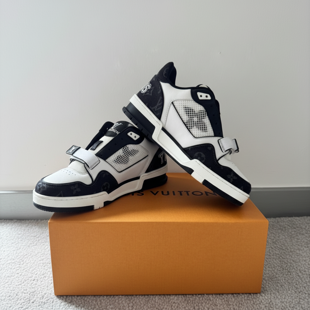 Louis Vuitton Trainer Sneakers – Black/White Monogram Denim (Size 37.5)