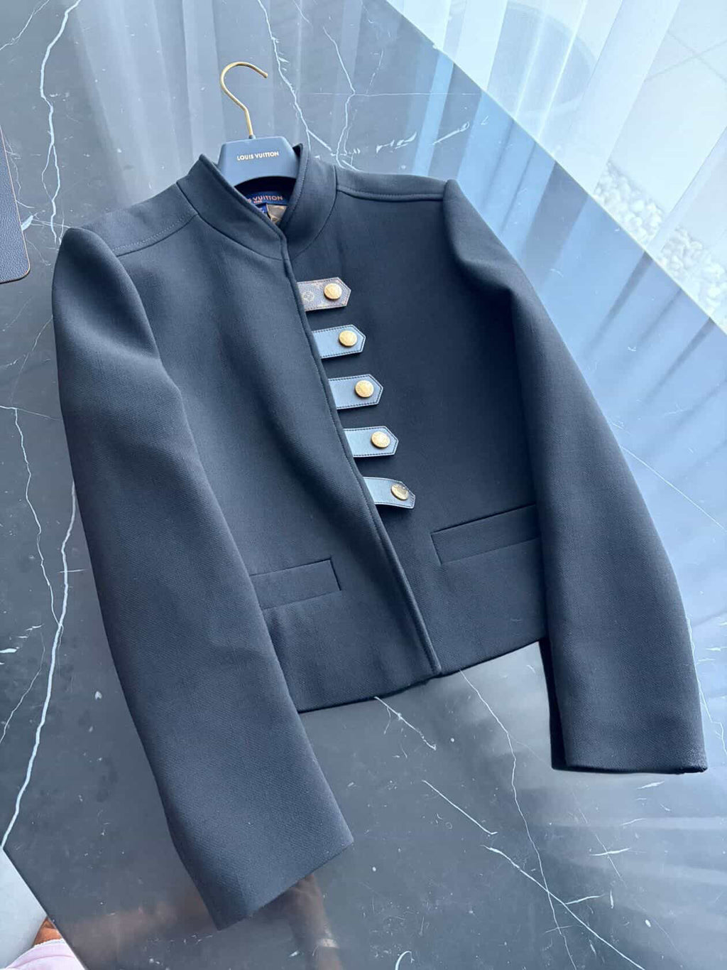 Louis Vuitton Officer Jacket in Black Wool & Silk – Iconic Monogram Lining – Size FR 40 Full Set/ Luxury Brands Malta