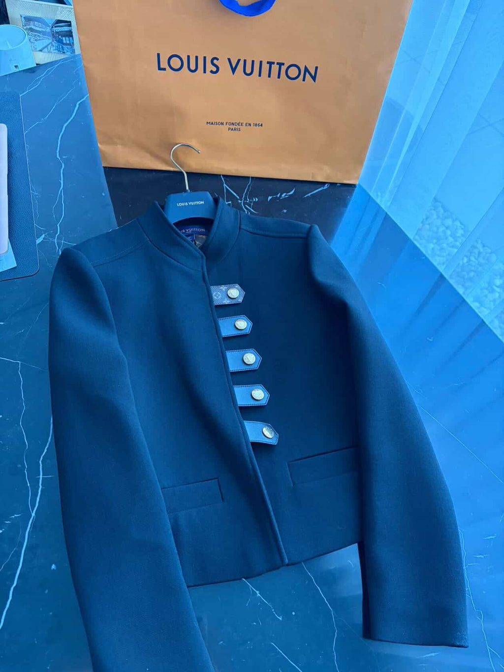 Louis Vuitton Officer Jacket in Black Wool & Silk – Iconic Monogram Lining – Size FR 40 Full Set/ Luxury Brands Malta